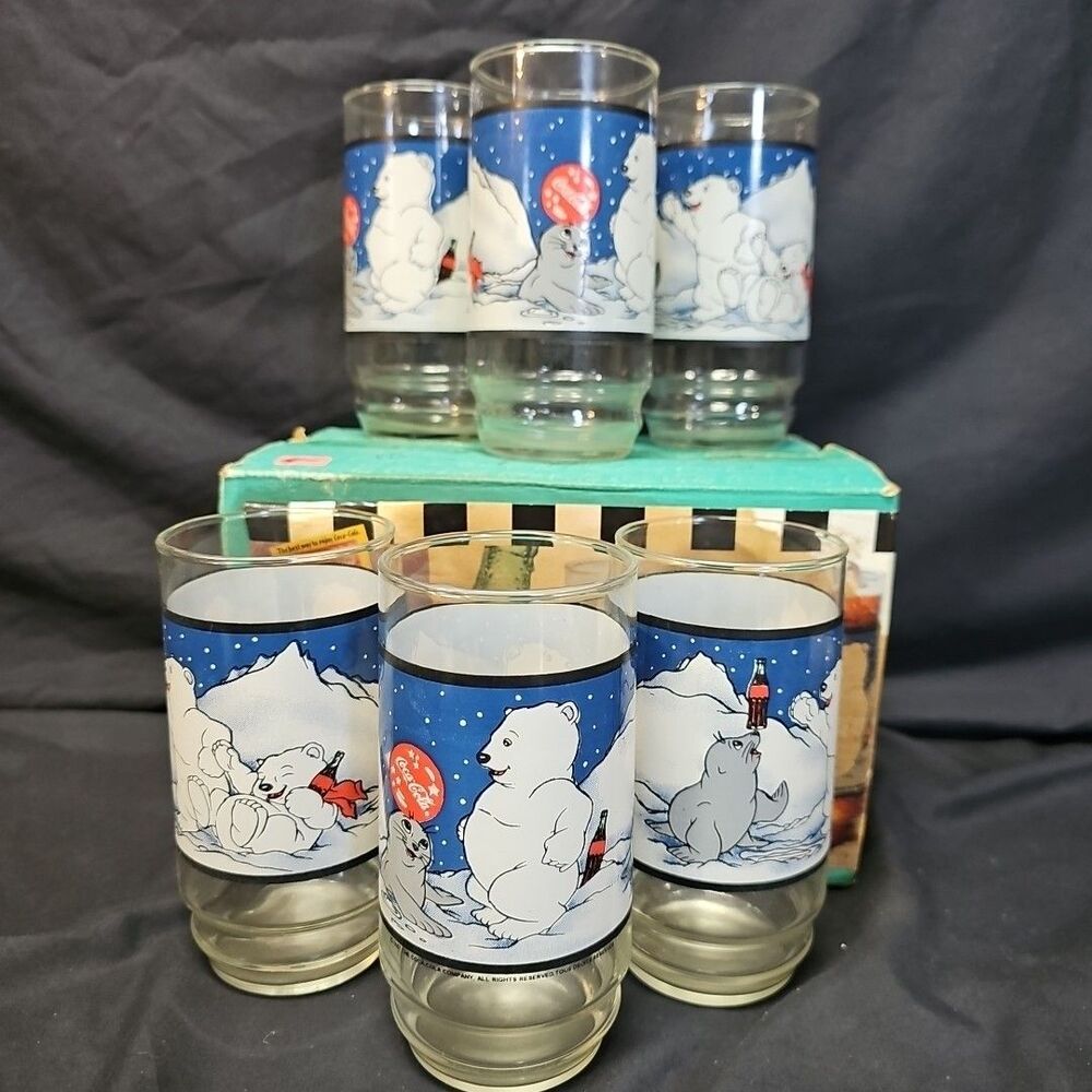 Indiana Glass Co. (1997) COCA-COLA (6) Decorated Soda Glasses "Cubs and Seal"